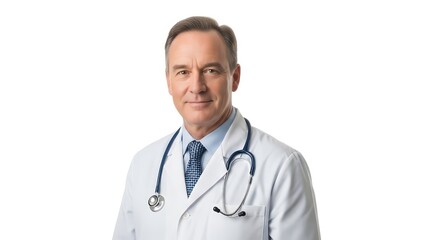 Fototapeta premium Professional Male Doctor Wearing White Lab Coat and Stethoscope in Medical Setting isolated on white