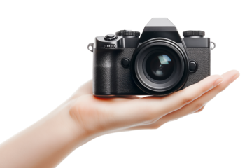 Modern Black Camera Held in a Palm on a Transparent Background