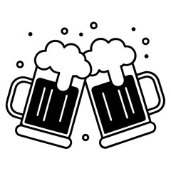 Two beer mugs toasting with foam overflowing in black and white