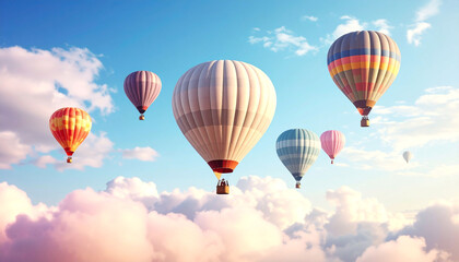 Vibrant hot air balloons ascend amidst fluffy pastel clouds under a brilliant blue sky, bathed in warm sunlight