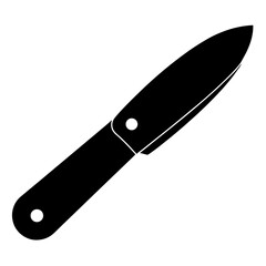 Black silhouette of a folding knife with a sharp blade on white background
