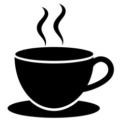 Black Silhouette of Steaming Coffee Cup on Saucer with White Background