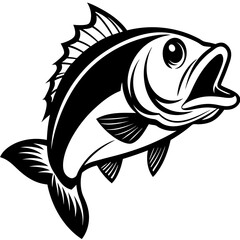 Black and White Bass Fish Jumping Illustration with Open Mouth