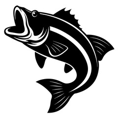 Black and white illustration of a largemouth bass jumping out of water