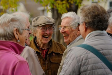 Group of seniors laughing in the park. Selective focus. People.