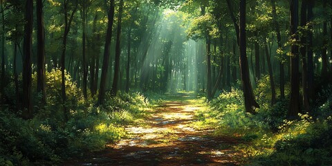 Fototapeta premium Sunlit Forest Path in Lush Green Woods with Dappled Light and Tranquil Atmosphere