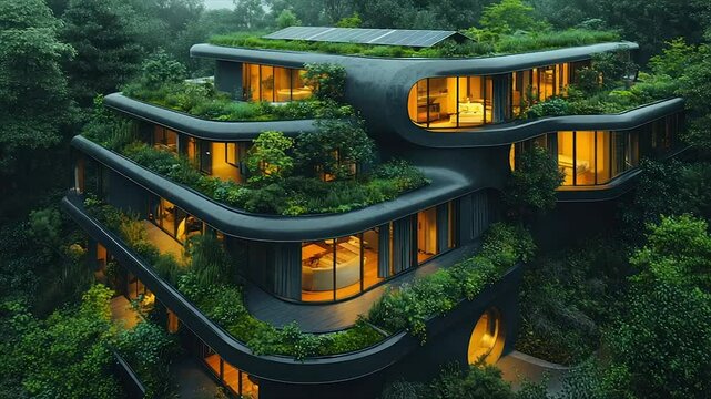 Lush, multi-level dwelling integrated with nature, illuminated at dusk