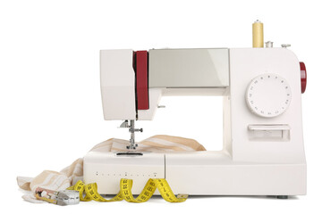 Sewing machine with cloth and tape measure on white background