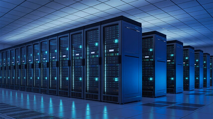 A high-end data center server room with a row of large black server racks illuminated by cool blue LED lighting.