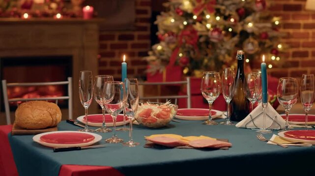 Festive Dinner Table Setting with Christmas Decorations