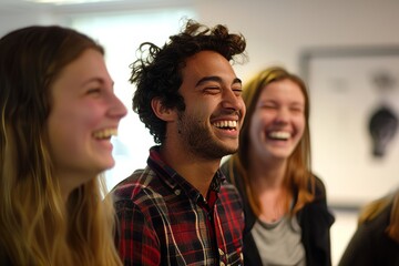 Group of happy young business people in a meeting at modern startup office building