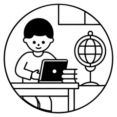 A child sitting at a desk learning on a tablet or laptop at home with books, globe, and colorful decor around, e-learning setup.