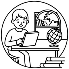 A child sitting at a desk learning on a tablet or laptop at home with books, globe, and colorful decor around, e-learning setup.