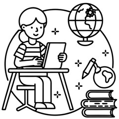 A child sitting at a desk learning on a tablet or laptop at home with books, globe, and colorful decor around, e-learning setup.