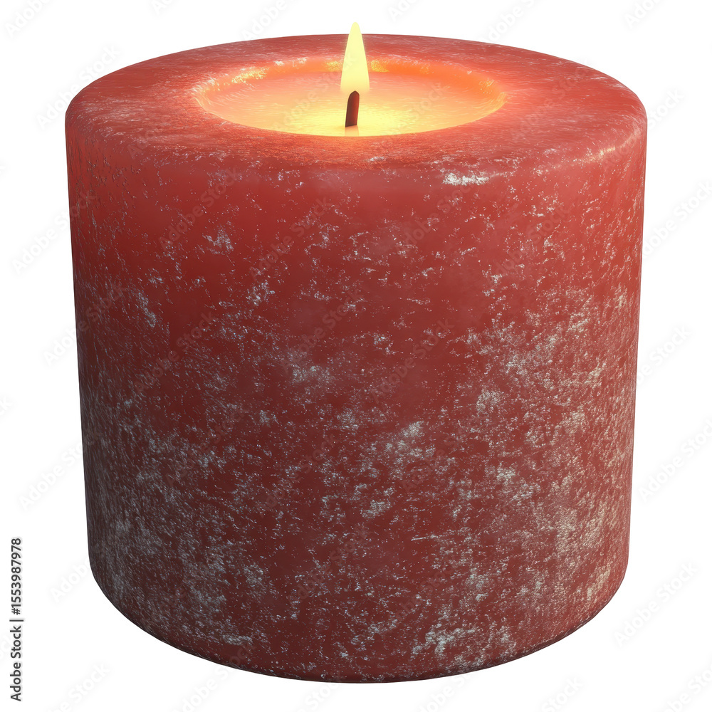 Poster a lit, cylindrical candle with a rustic, reddish-pink hue and a slightly textured surface. the flame