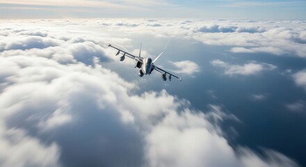 Fototapeta premium Commercial Jet Airplane Flying Above Clouds in Bright Sky