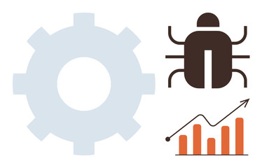 Gear for process optimization, debugging bug symbol, and rising bar chart with an arrow for increasing productivity. Ideal for engineering, technology, analytics, problem-solving, development