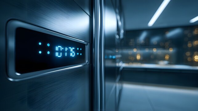 Ai controlled clock interface smart fridge screen futuristic kitchen custom ambient lighting high demand smart home appliance digital time display realistic human eye perspective  