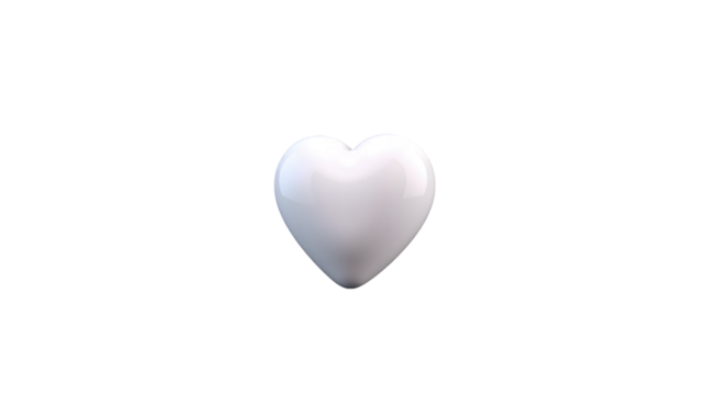 A single glossy white heart shape isolated on a transparent background isolated on transparent background