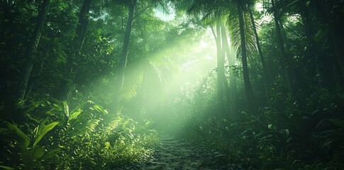 Obraz premium Lush Green Jungle Pathway Sunlight Filtering Through Dense Forest