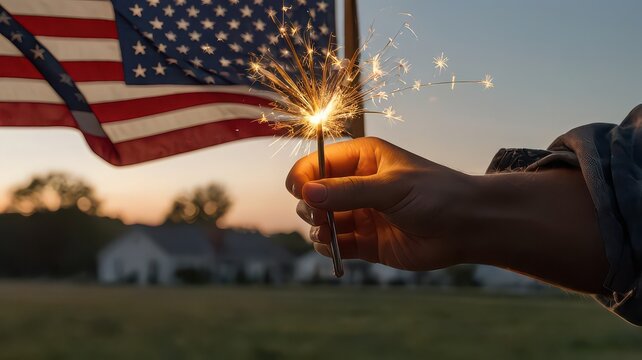 A hand holds a sparkler with an american flag waving in the background at dusk on a summer evening