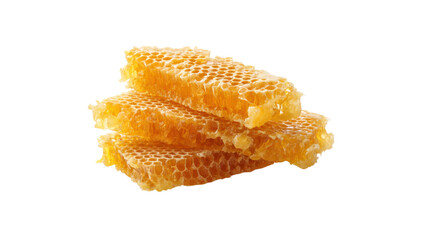Three pieces of fresh honeycomb with golden honey isolated on transparent background