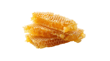 Three pieces of fresh honeycomb with golden honey isolated on transparent background