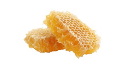 Two pieces of fresh honeycomb filled with golden honey isolated on transparent background
