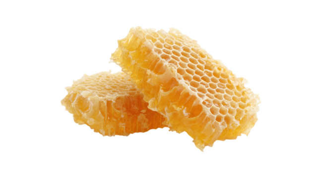 Two pieces of fresh honeycomb filled with golden honey isolated on transparent background