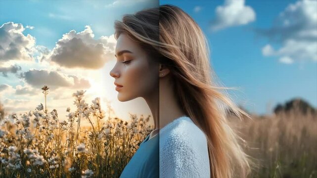 Before & after photo showcasing a sky replacement editing effect on a woman in a field