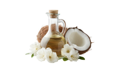 Glass bottle of coconut oil with fresh coconut and white flowers isolated on transparent background