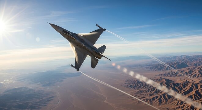 Fighter Jet Flying Over Mountain Range During Daylight with Contrails and Clear Sky