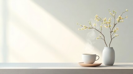 Cozy Caf Scene with Steaming Coffee and Flowering Branch
