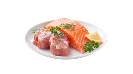 Fresh salmon fillet and pork medallions with lemon and herbs isolated on transparent background