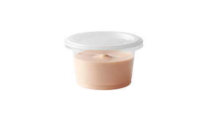 Creamy pink sauce in a clear plastic container with a lid isolated on transparent background