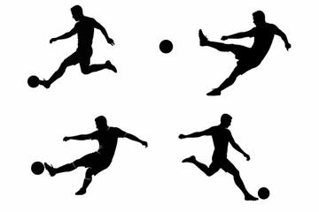 Soccer football player silhouettes set kicking ball and running actions