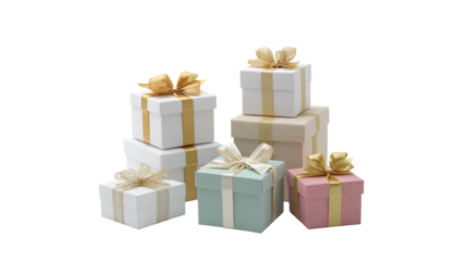 Assortment of festive gift boxes with gold ribbons isolated on transparent background