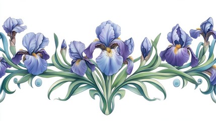 Obraz premium Delicate border of periwinkle irises and decorative foliage.