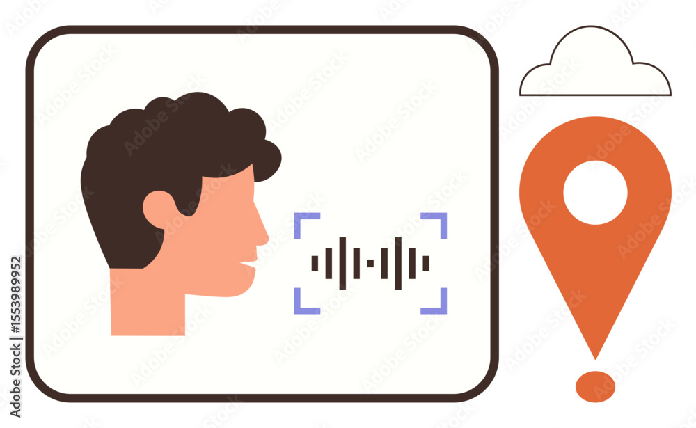 Poster human profile with sound waves, cloud, and map pin. ideal for location tracking, voice commands, use