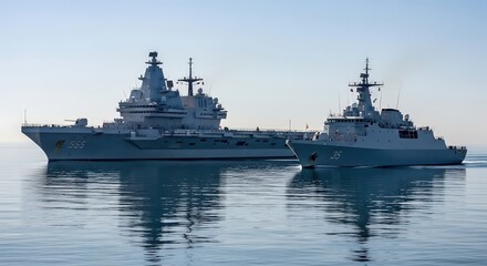 Large Military Ships Docked in Calm Water Under Clear Sky