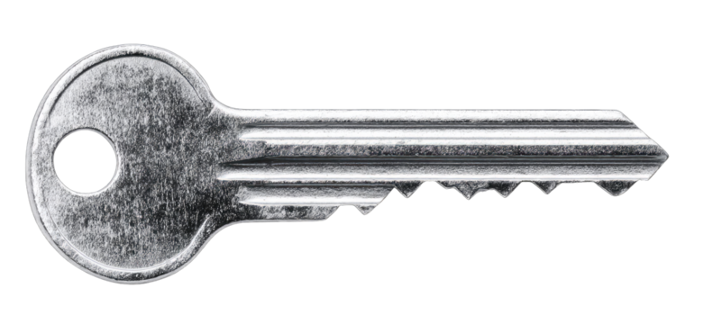 A slightly worn, metallic key with a rounded head and a serrated bit, shown in monochrome