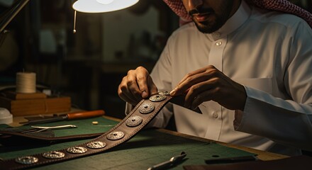 Skilled Artisan Crafts Exquisite Leather Belt Under Warm Lamplight