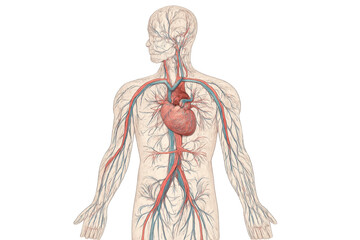 Vintage anatomical illustration of human circulatory system highlighting veins, arteries, and heart on a transparent background