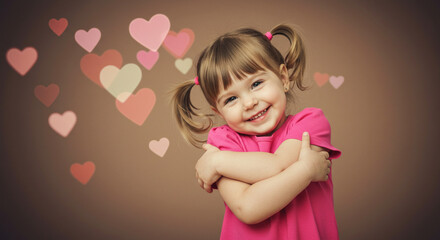 A charming little girl embraces herself surrounded by floating heart shapes evoking feelings of love