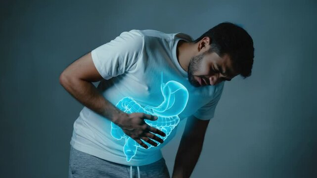 A man clutching his stomach in discomfort, depicting stomach pain, digestive issues, and health concerns. Ideal for medical, wellness, or health-related themes.