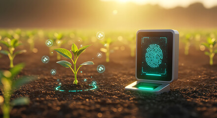Biometric Data Farming Concept with Plant Growing from Fingerprint Scanner and Nutrient Holograms