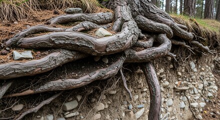 Exposed Tree Roots on a Hillside with Rocks and Pine Needles