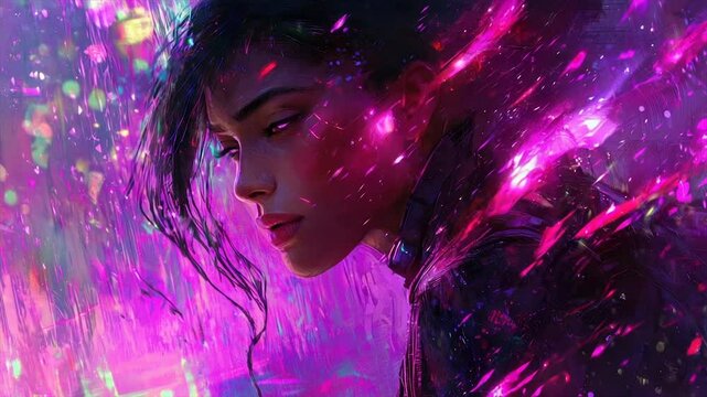 A cyberpunk-style portrait of a woman with vibrant purple and pink lighting, detailed hair, and intense gaze