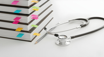 Medical stethoscope laying on a stack of books with colorful bookmarks.
