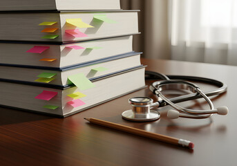 Medical textbooks, stethoscope, and pencil representing medical study and research.